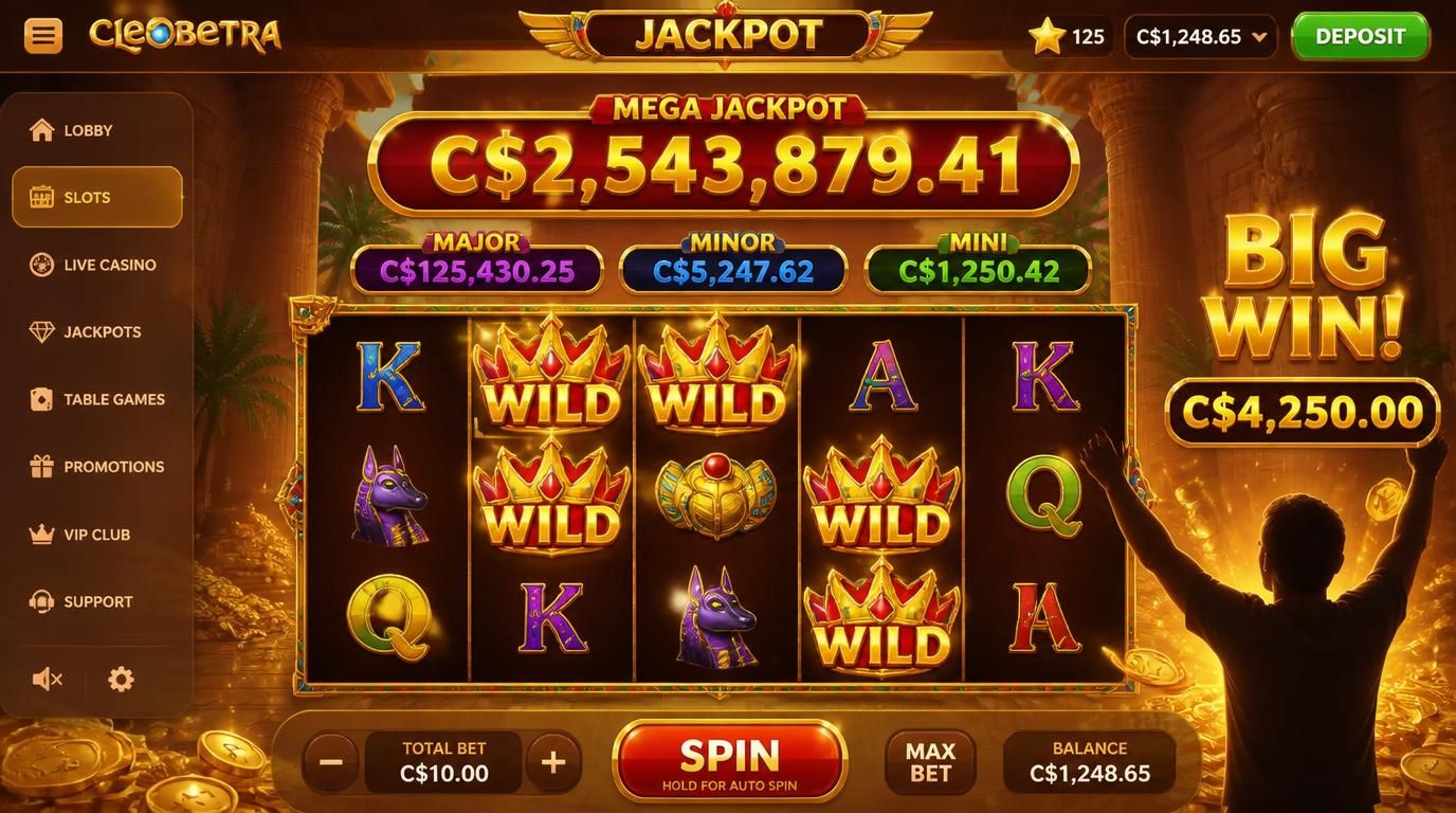 Progressive jackpot display, slot reels and Canadian funds coming into frame